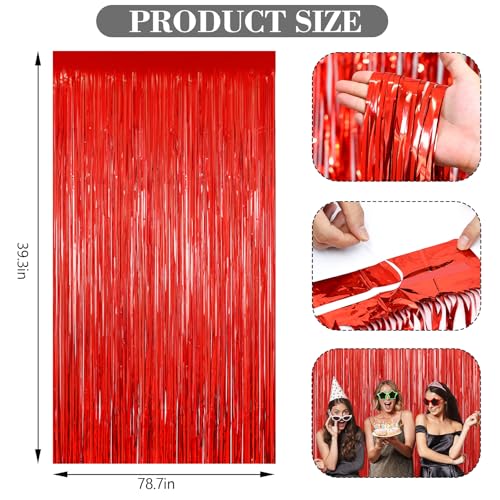Red Tinsel Backdrop 2 Pack Foil Fringe Curtains for Party Decor, 39.4"W x 78.7"L