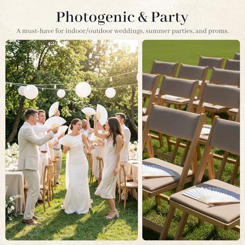 12-Pack White Folding Paper Hand Fans - 8.3 Inch Handheld Fans for Weddings