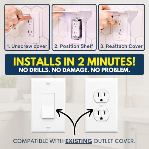 Power Perch Wall Outlet Shelf with Cord Storage Strap - Single Pack, White