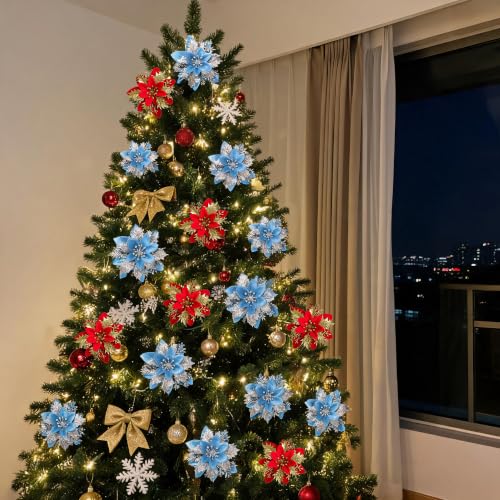 Blue Glitter Poinsettia Flowers 5.5in - 15 Pack with Clips for Christmas Tree, Wreaths & Garlands (Variation: Blue)