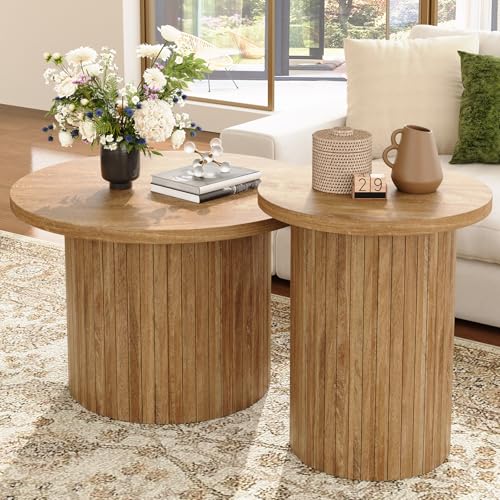 Nesting Coffee Table Set of 2, Mid-Century Modern Round Wood Accent Tables