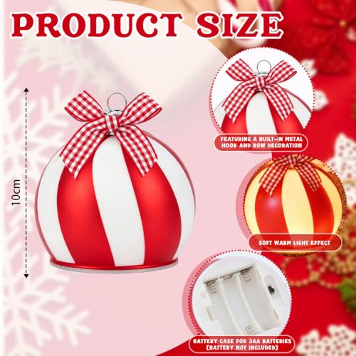 2 Pcs Christmas Candy Cane Glass Globe Ball with LED Light - Holiday Decor
