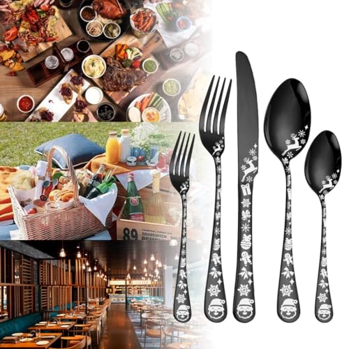 XIAOYU Rose Gold Christmas Silverware Set for 8 - Festive Flatware with Snowflake Santa Elk Patterns, 40 Pcs