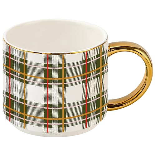 Sweet Water Decor Green Plaid Coffee Mug 14oz - Christmas Holiday Cup with Gold Handle