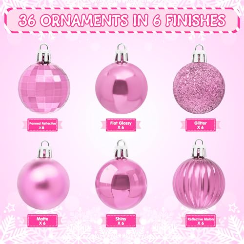 Glavatrix Pink 36-Piece 1.6in Shatterproof Christmas Ball Ornaments - Matte/Gloss/Striped, with Hooks
