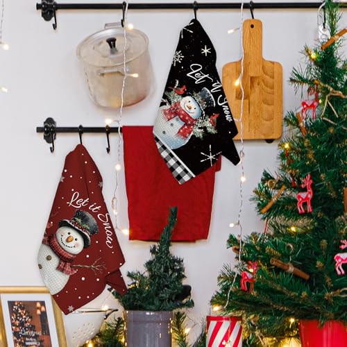 Ogleqoo Christmas Snowman Kitchen Towels Set of 2 – Black & Red Buffalo Plaid, Absorbent Cotton-Linen