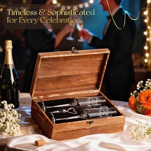 Personalized Champagne Flutes Set with Wooden Box - Engraved Names & Date, Wedding Gift
