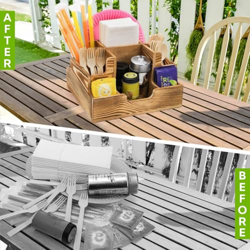 ZAVOOS Paper Plate Dispenser, Wood Rustic Utensil Holder Silverware Caddy for Cups Spoons Forks Napkins, Cutlery Flatware Organizer with 9 Compartments for Party, Kitchen Countertop, Camping, Buffet