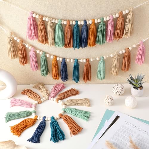 3 Pcs Boho Wood Bead Tassel Garland - Decorative Wall Hanging Decor