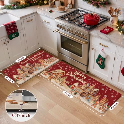 Leevan Christmas Kitchen Mat Set of 2 - Gingerbread Village 17"x29" + 17"x47" Thick 0.47in Anti-Fatigue