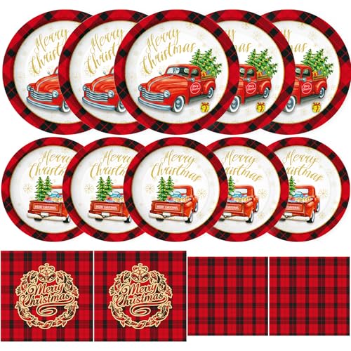 Christmas Paper Plates and Napkins Set - Buffalo Plaid Holiday Dinnerware, 200 Pieces