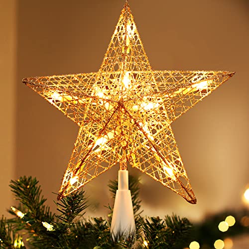 Gold Christmas Tree Topper - 9 Inch Pre-Lit Warm Star Treetop Decor