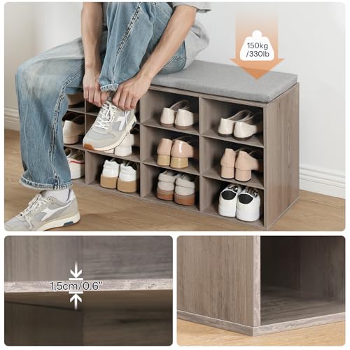 Entryway Shoe Storage Bench with 12 Cubbies and Padded Seat - 39.4 Inch Gray