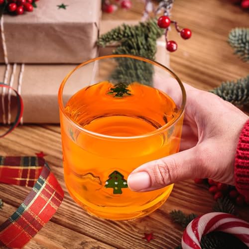 Christmas Icon Glasses Set - 4 Pack 14oz Holiday Drinkware with Tree Snowflake Candy Cane Gingerbread - Gift Idea