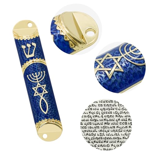 Blue Metal Mezuzah Case with Scroll, Messianic Seal Door Blessing