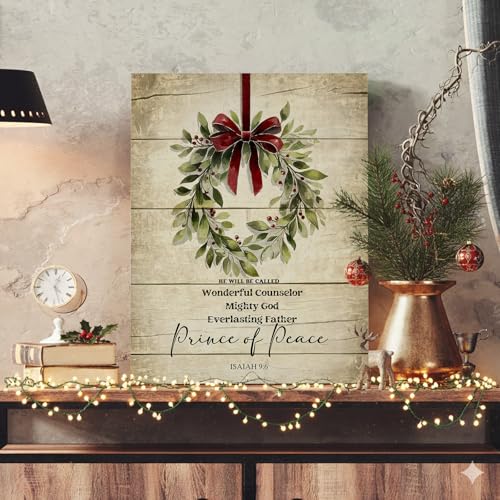 Voxitura Oak Wreath Vintage Christmas Wall Art Canvas 12x15in with Isaiah 9:6 Bible Verse