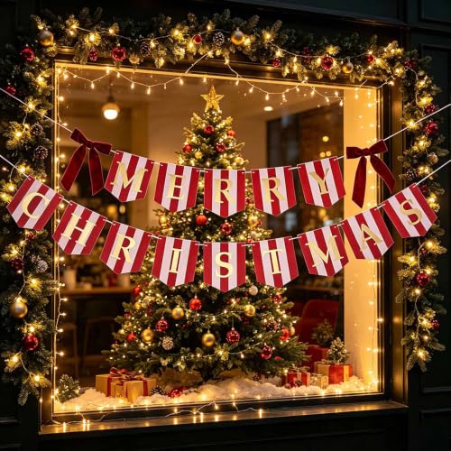 KUNGOON Christmas Banner with Red Velvet Bows - Indoor Holiday Decor