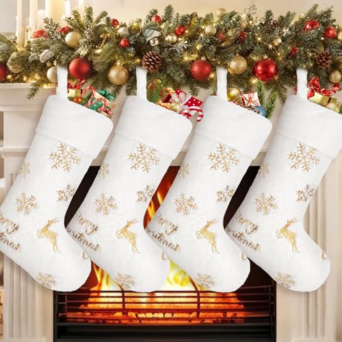 4PCS White Christmas Stockings with Gold Sequin Snowflake Reindeer