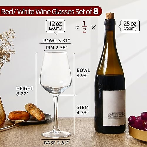 8-Piece Wine Glass Set, 12oz Stemmed Clear Glasses for Red and White Wine