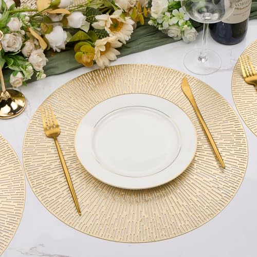 15 Inch Gold Round Placemats Set of 6 - AdasBridal Vinyl Table Mats, Pressed Metallic Decor