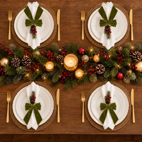 APTWOW Grass Green Velvet Bow Napkin Rings Set of 6 for Christmas Table
