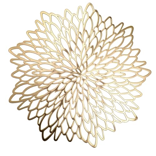 Set of 4 Round Gold Metallic Placemats, Heat-Resistant Floral Table Mats