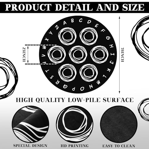 6.5ft Round Classroom Rug, Black and White Educational Alphabet Seating Carpet