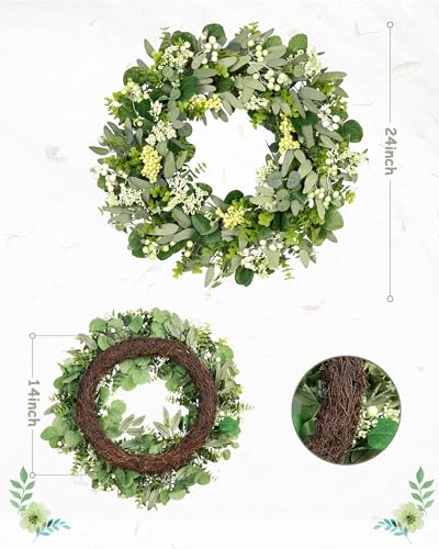 24-Inch Artificial Eucalyptus Wreath with Berries for Front Door Decor
