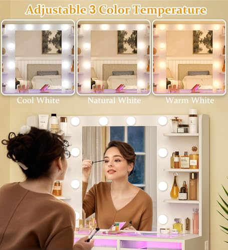 Makeup Vanity Desk with Mirror, LED Lights, Power Outlet and Storage Drawers