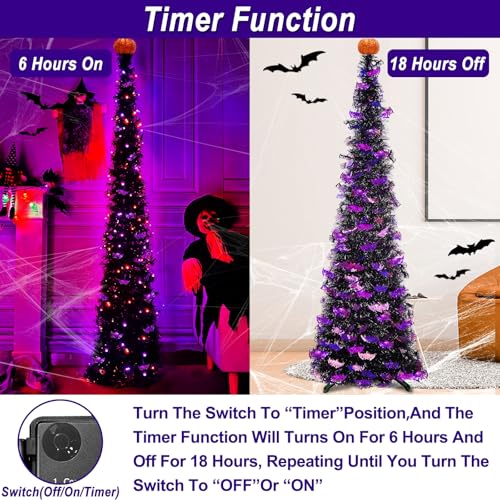 6ft Lighted Pop-Up Halloween Tree with 60 LED Lights & Bat Sequins
