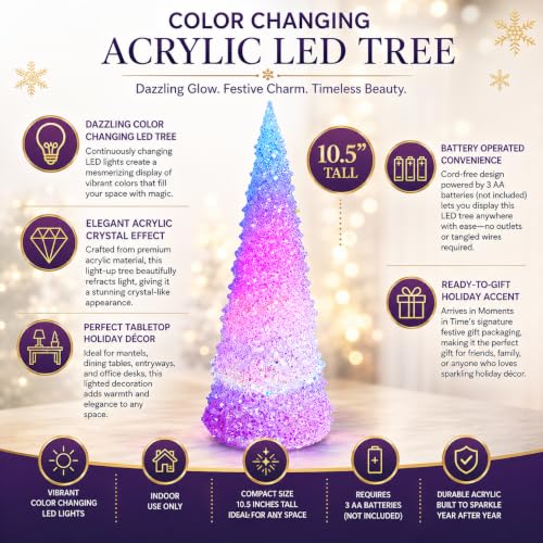 Moments in Time 10.5-Inch Color Changing LED Acrylic Christmas Tree - Battery Operated Holiday Decor