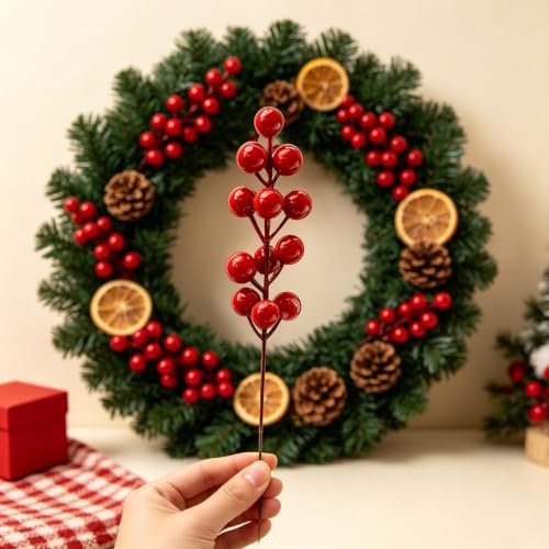 Fangoo 32 Pack 9" Artificial Burgundy Red Berry Picks for Christmas Tree - Red