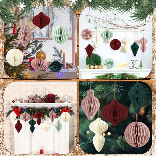 24 Pcs Christmas Honeycomb Ornaments - 3D Holiday Decorations for Xmas Tree & Party