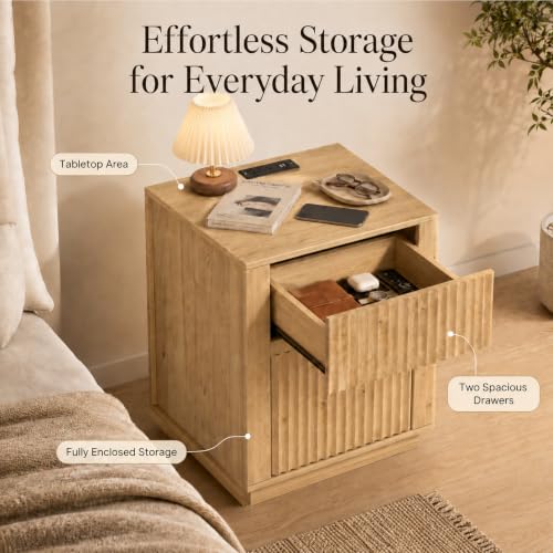 Modern Fluted Nightstand with Charging Station and Two Drawers