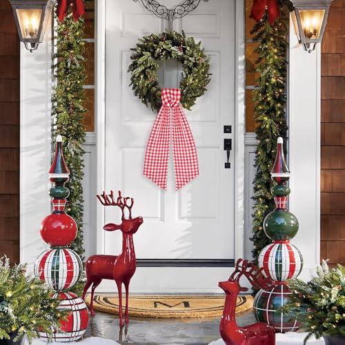 2 Pack Wreath Sash for Front Door White and Red Plaid Polyester