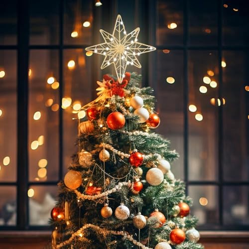 Lighted Gold Christmas Tree Topper - 11 Inch 30 LED 8-Point Star with Timer