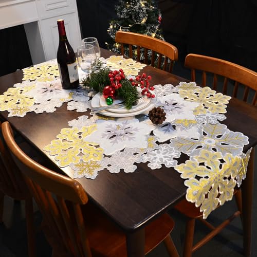 Grelucgo 14 x 120 in Machine Embroidered Silver & Gold Winter Snowflakes Table Runner