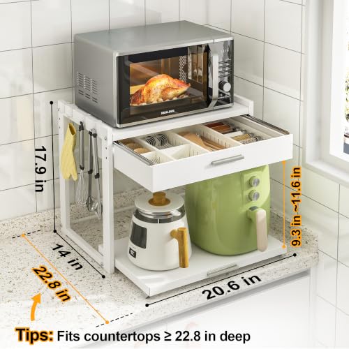 REALINN Microwave Stand with Pull-Out Drawer & Adjustable Shelf, 4 Hooks