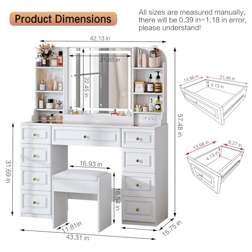 43-Inch Makeup Vanity Desk with LED Mirror, Power Station and 9 Drawers