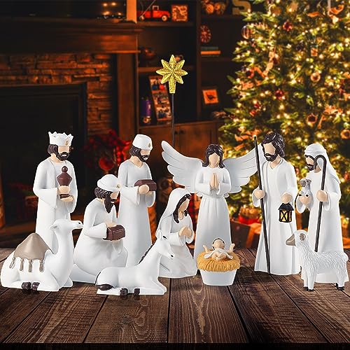 12 Piece Nativity Scene Set for Christmas Indoor Decorations - Elegant Resin Holy Family Figures