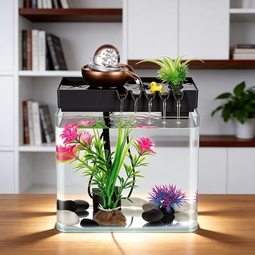 Indoor Tabletop Water Fountain with Fish Tank and Mist Humidifier