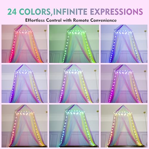 Rainbow Bed Canopy with 24 Color-Changing Star Lights & Remote Control