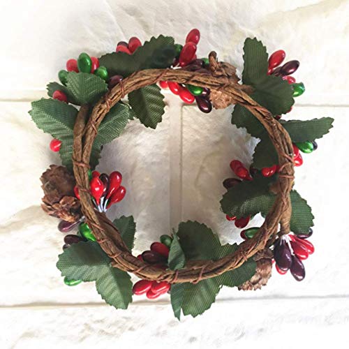 Red Berry Christmas Candle Rings Wreaths - 2.36 Inch Inner Diameter (2 Pcs)