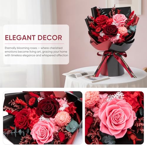Preserved Red Rose Bouquet - Real Forever Flowers Gift Set with Vase