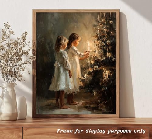 Japrex 11x14 Nostalgic Victorian Christmas Wall Art – Candlelit Tree & Children Print, Unframed