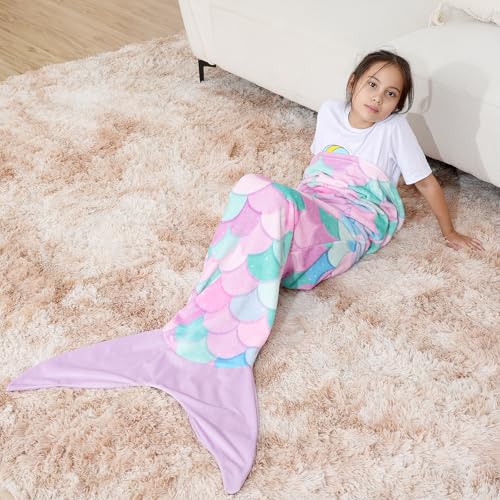 Kids Mermaid Tail Blanket - Soft Plush Flannel Wearable Blanket for Girls