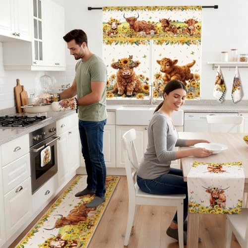 13-Piece Sunflower Highland Cow Kitchen Decor Set with Curtains and Rugs