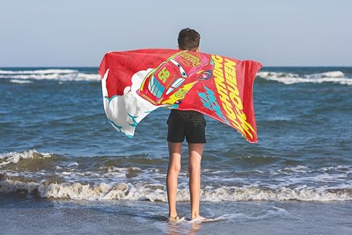 Kids Cars Beach Towel - 28x58 Inch Soft Cotton Lightning McQueen & Friends, Official Disney Pixar Licensed, Red