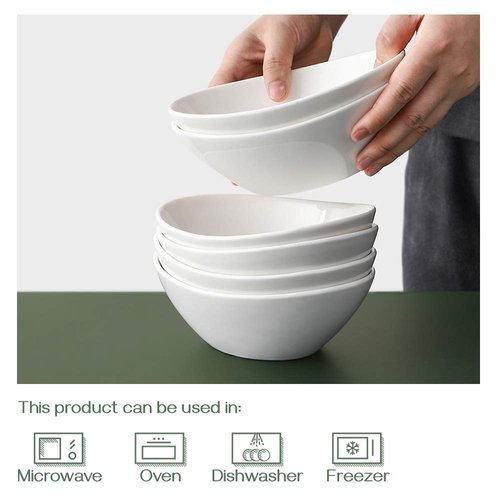 DOWAN Cereal Bowls, 12 oz White Ceramic Serving Bowl Set of 6, Oval Ice Cream Bowls for Snack Dessert Salad Pasta Soup, Microwave & Dishwasher Safe, Good Size for Garden Tea Parties