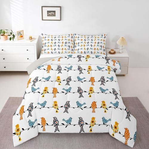 Erosebridal Twin Comforter Set for Kids & Adults - Colorful Floral Birds, Quilted Duvet, 2-Piece